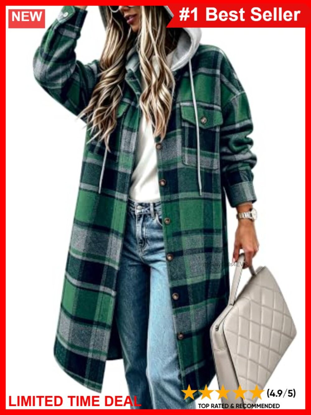 Womens Oversized Hooded Plaid Flannel Shacket Button Front Casual Jacket